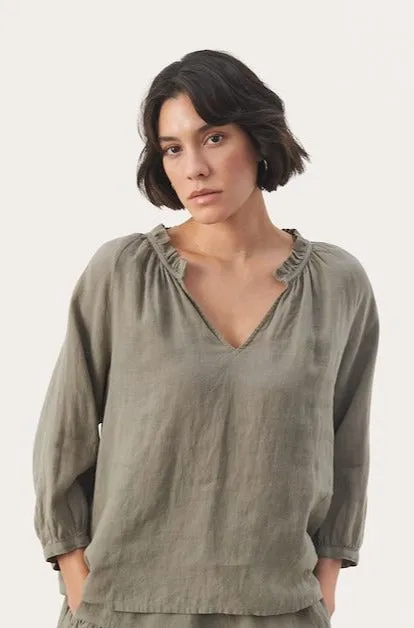 Elody 100% Linen Blouse in Vetiver