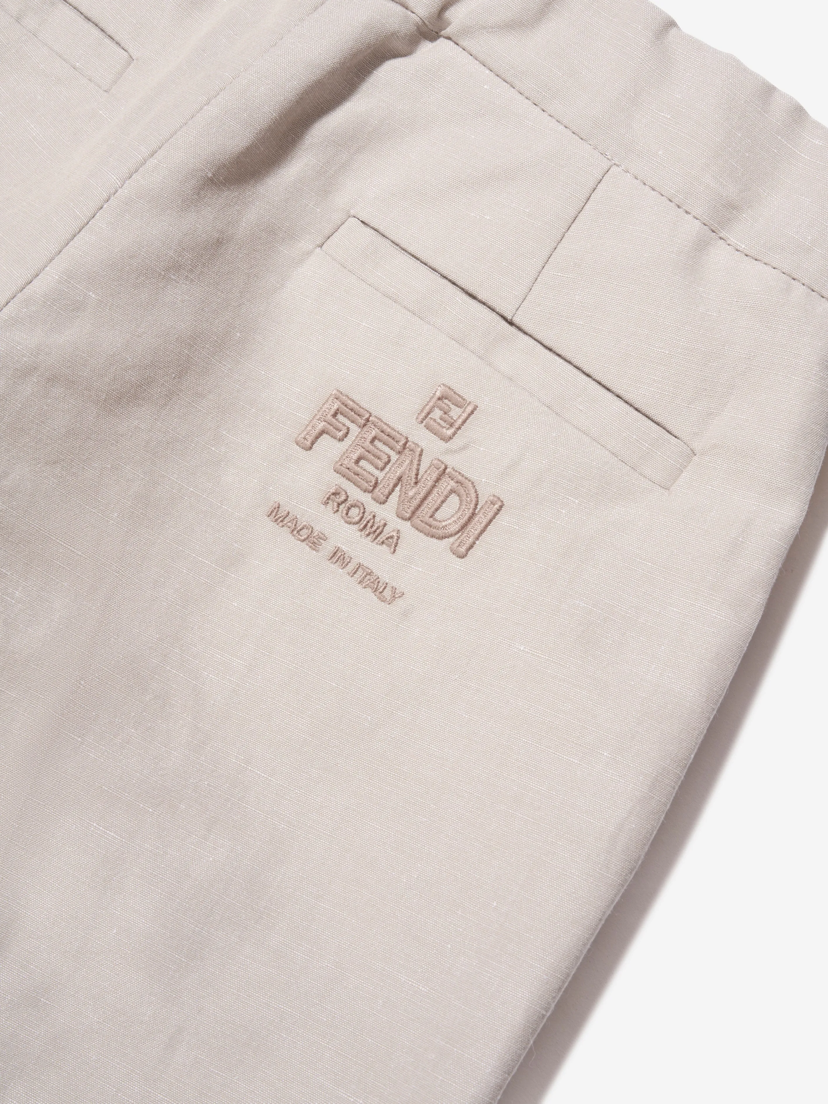 Fendi Boys Cotton And Linen Trousers in Beige