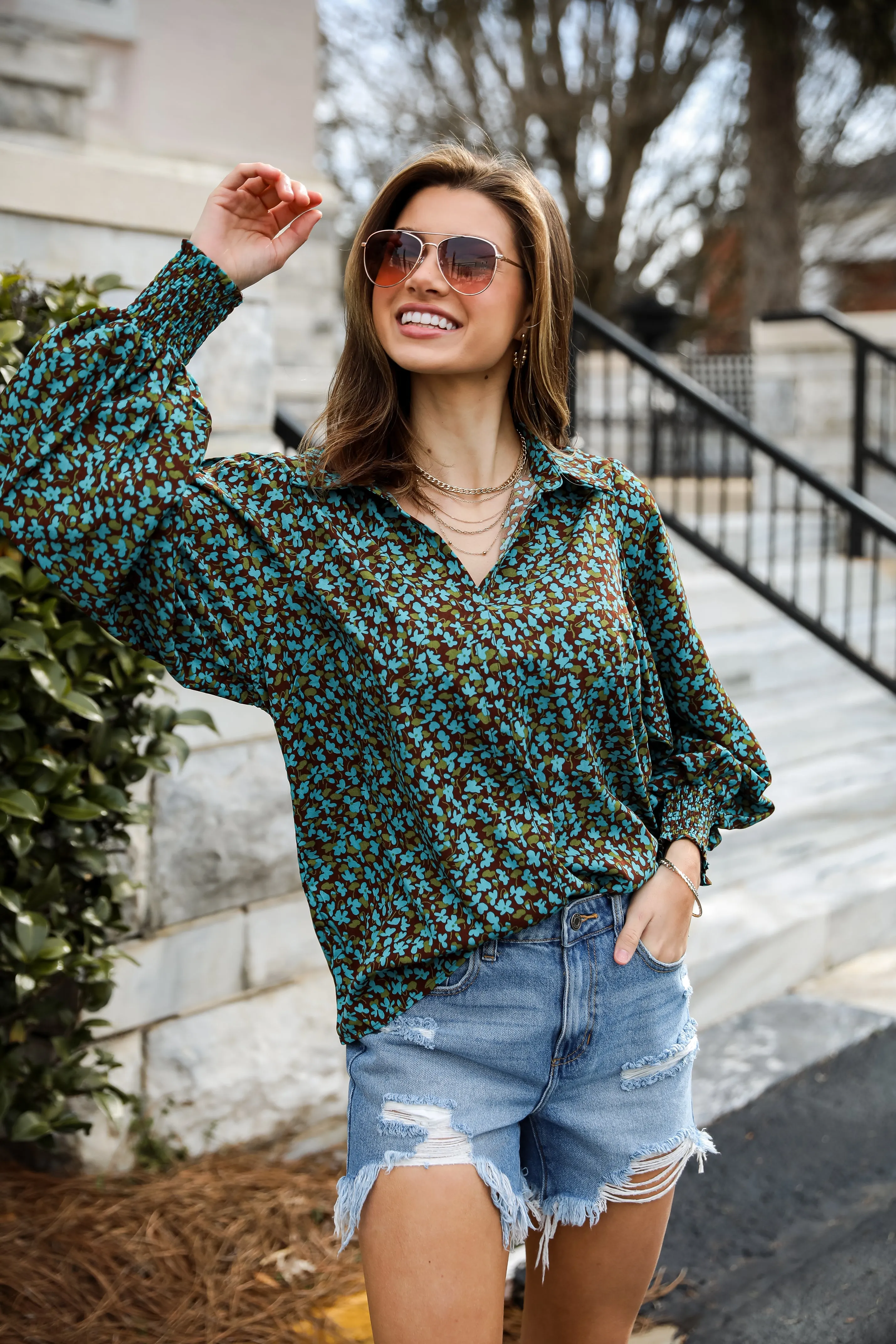 FINAL SALE - Poised Flare Brown Floral Blouse