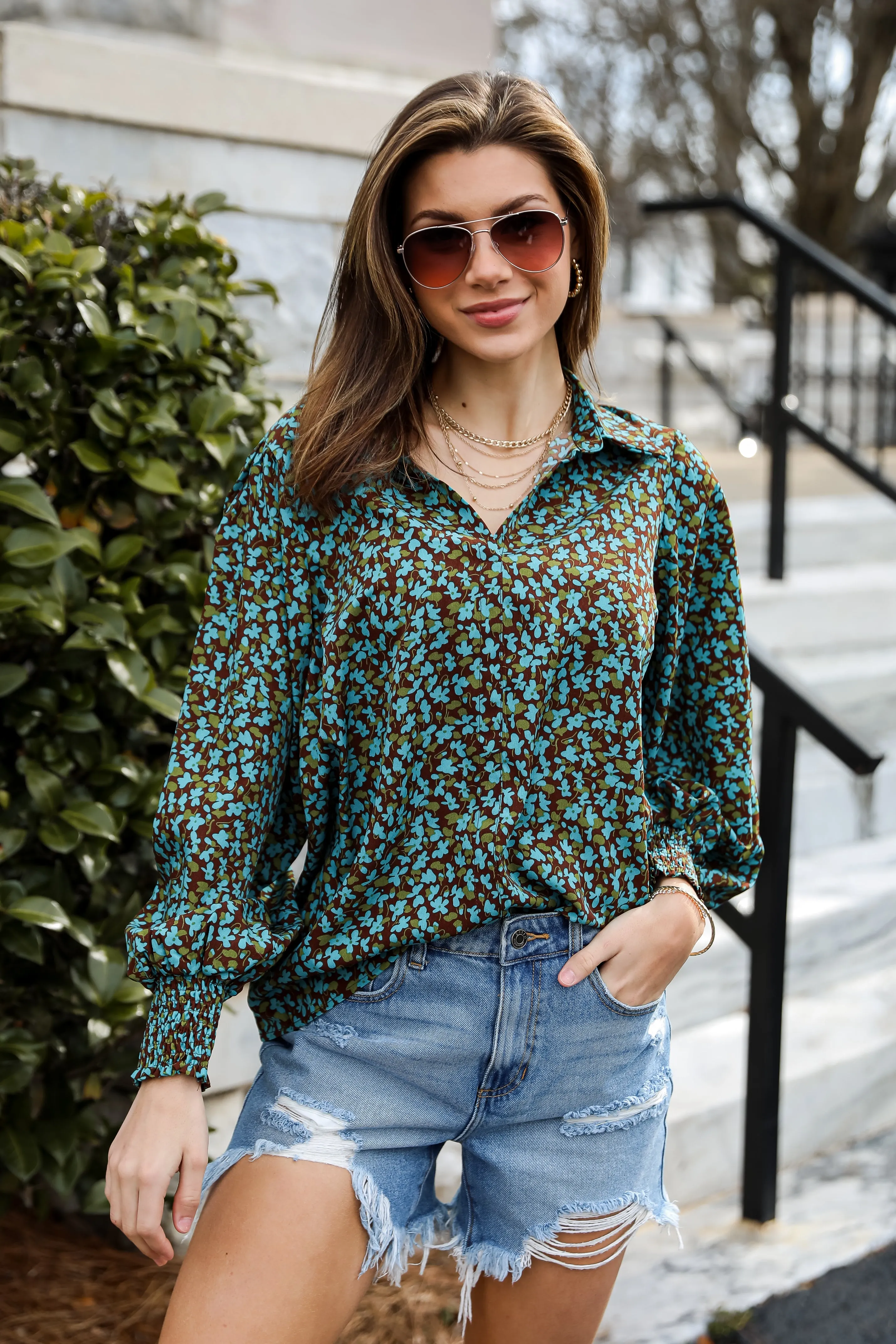 FINAL SALE - Poised Flare Brown Floral Blouse