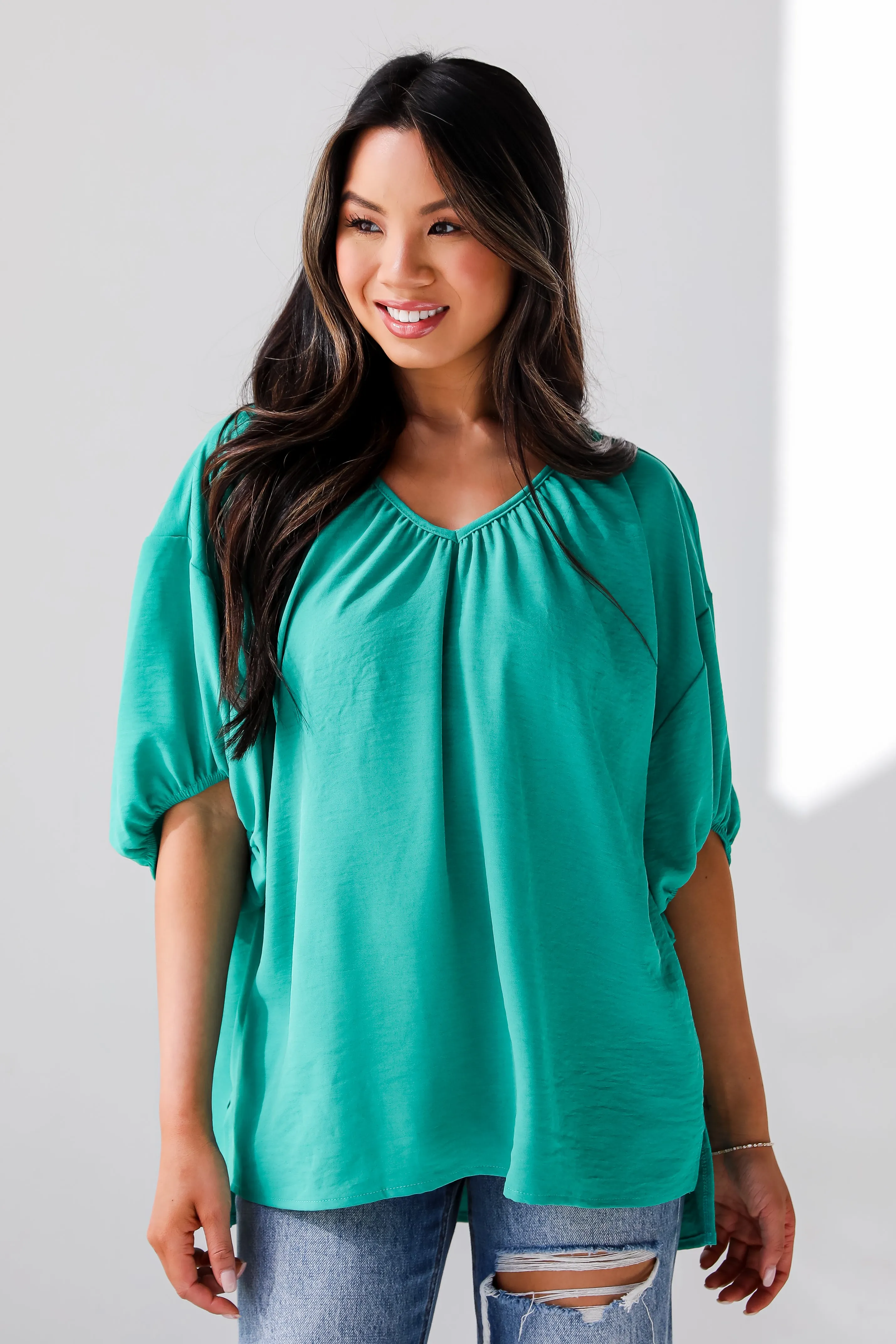 FINAL SALE - Sophisticated Decision Green Puff Sleeve Blouse