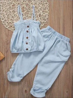 Girls Summer Sleeveless Denim Tank Top And Capri Pant Set