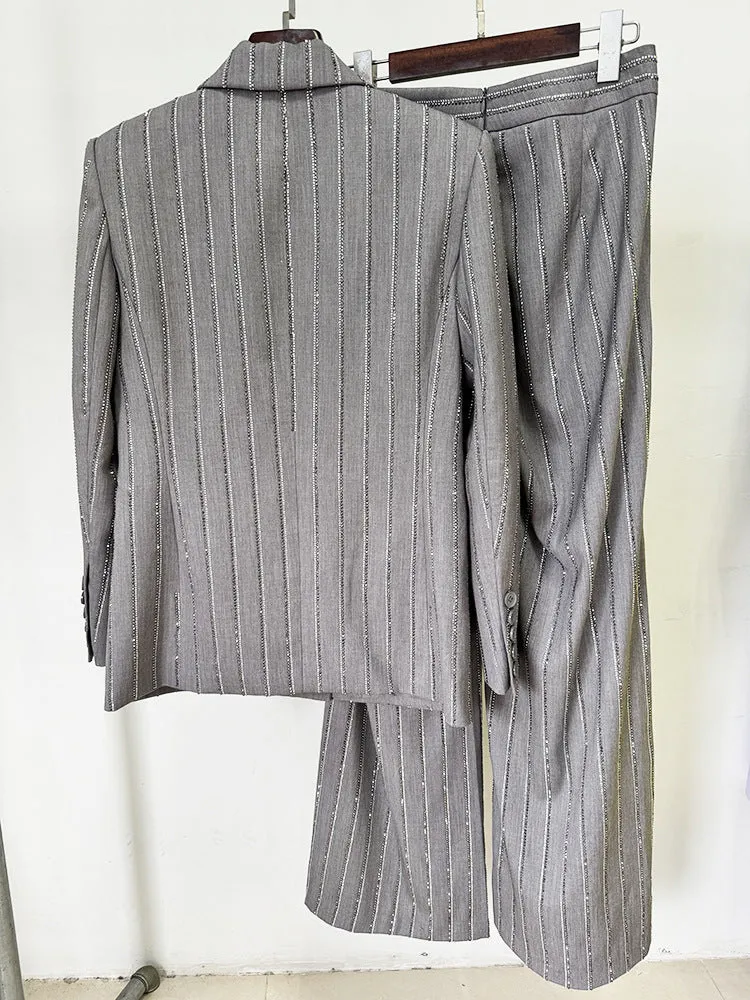 Grey Loose Fit Blazer   Wide Leg Trousers Pants Suit with Rhinestone