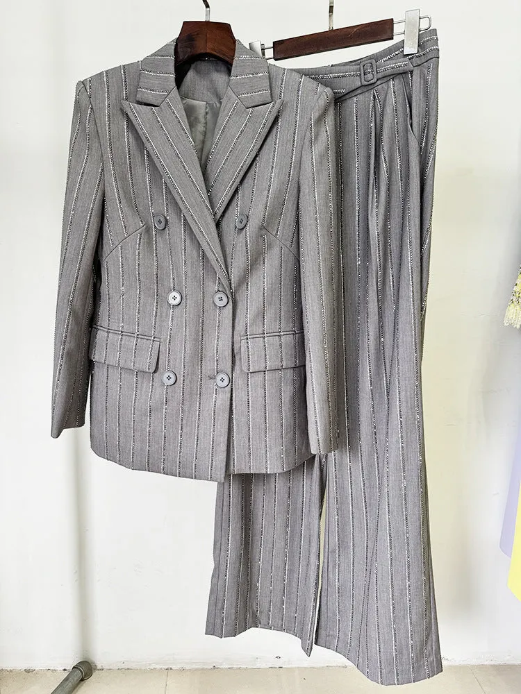 Grey Loose Fit Blazer   Wide Leg Trousers Pants Suit with Rhinestone