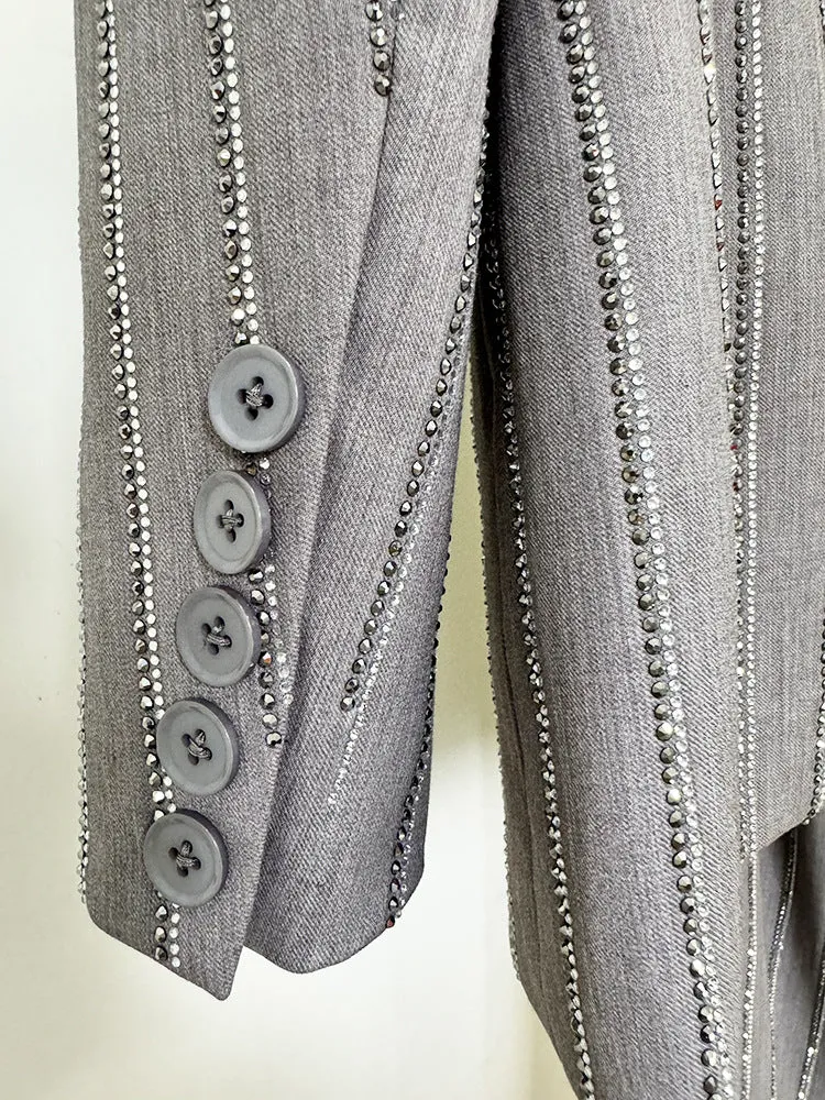 Grey Loose Fit Blazer   Wide Leg Trousers Pants Suit with Rhinestone