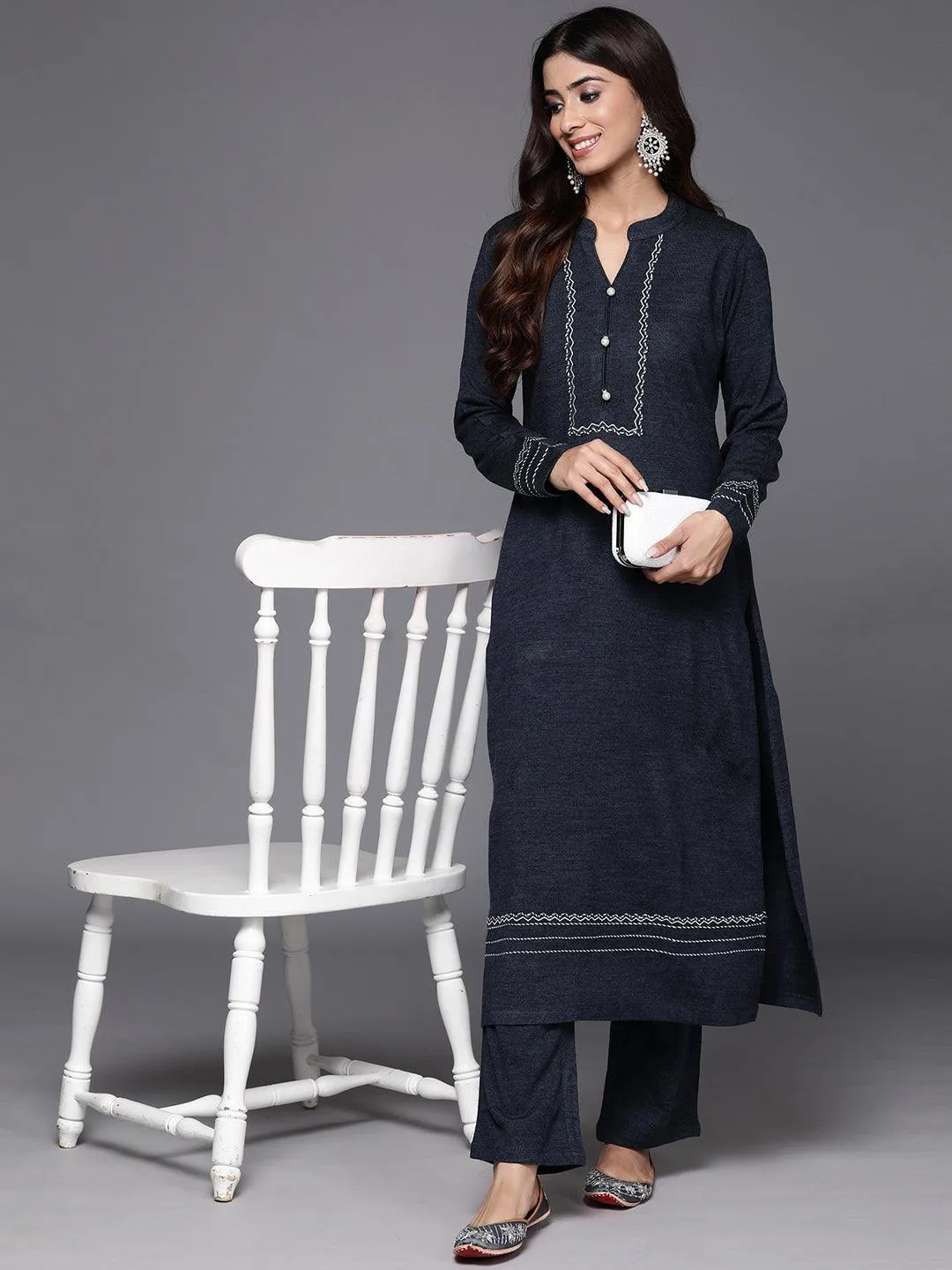 Grey Yoke Design Wool Straight Kurta Set