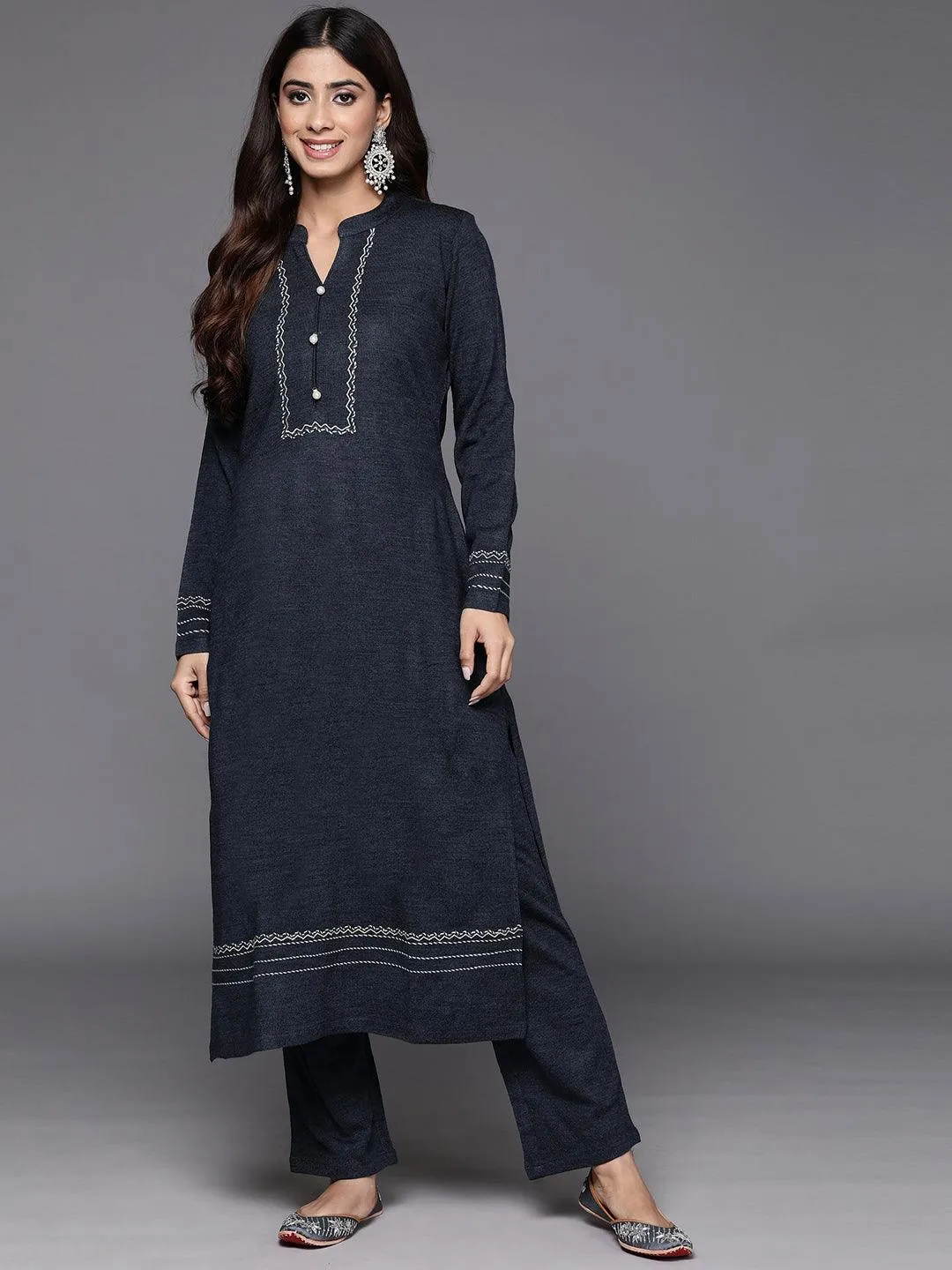 Grey Yoke Design Wool Straight Kurta Set