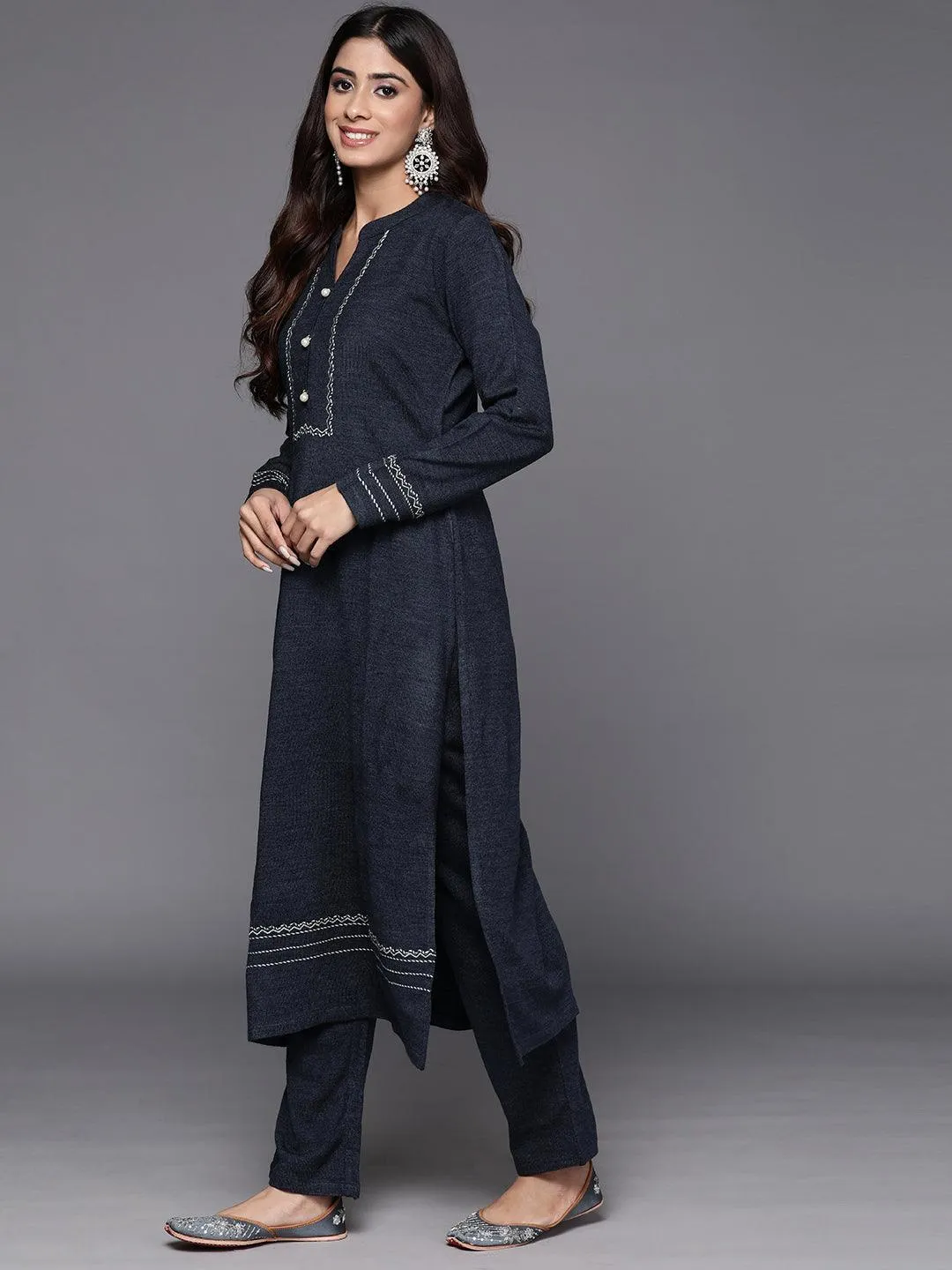 Grey Yoke Design Wool Straight Kurta Set