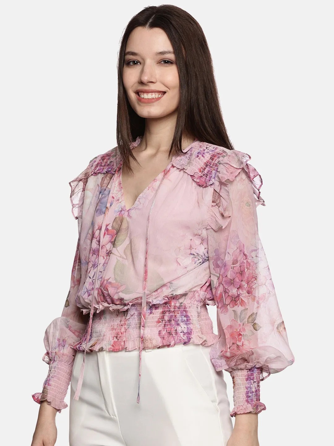 IS.U Floral Multicolor Smocked- Sleeve Top