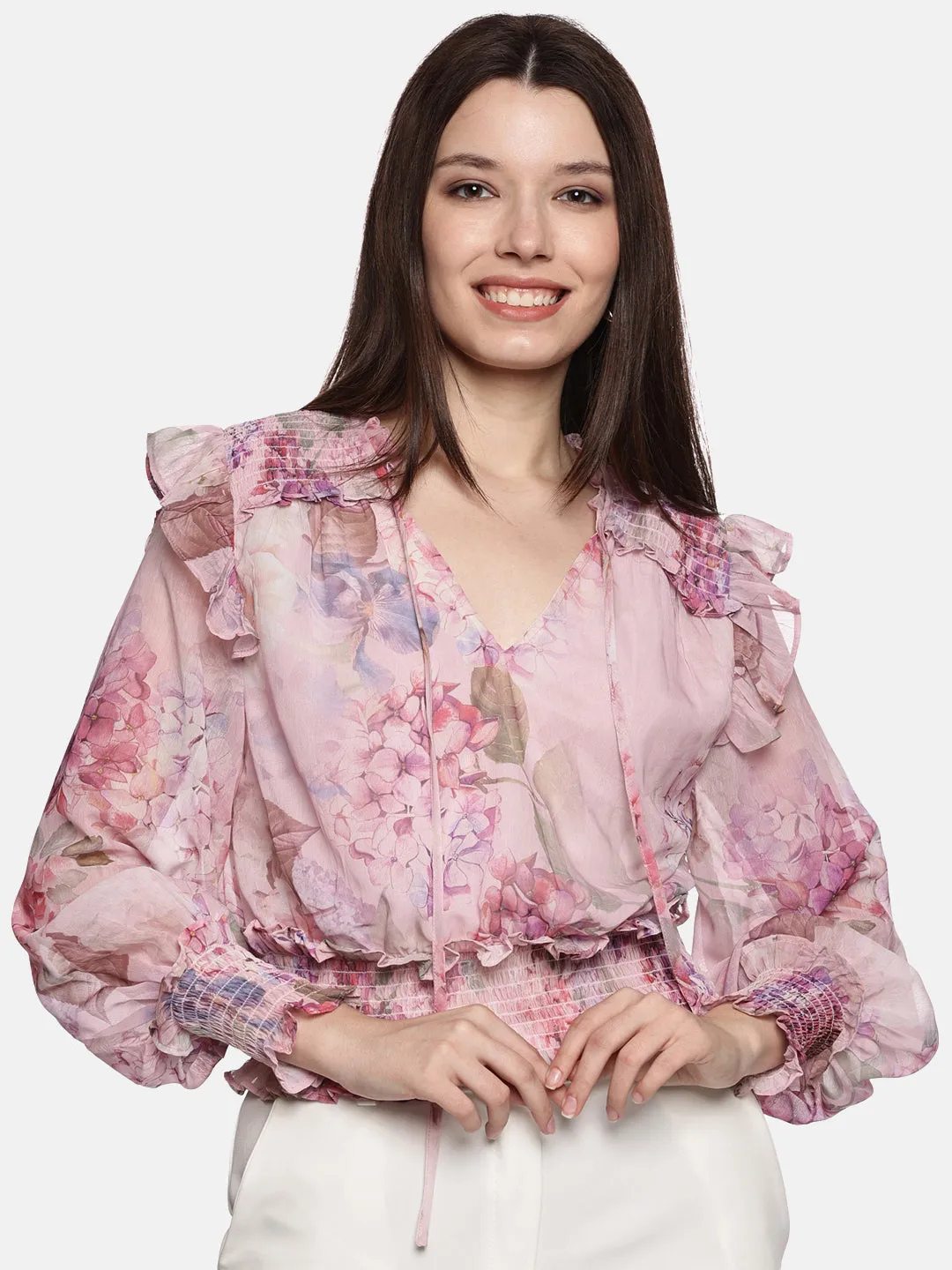 IS.U Floral Multicolor Smocked- Sleeve Top