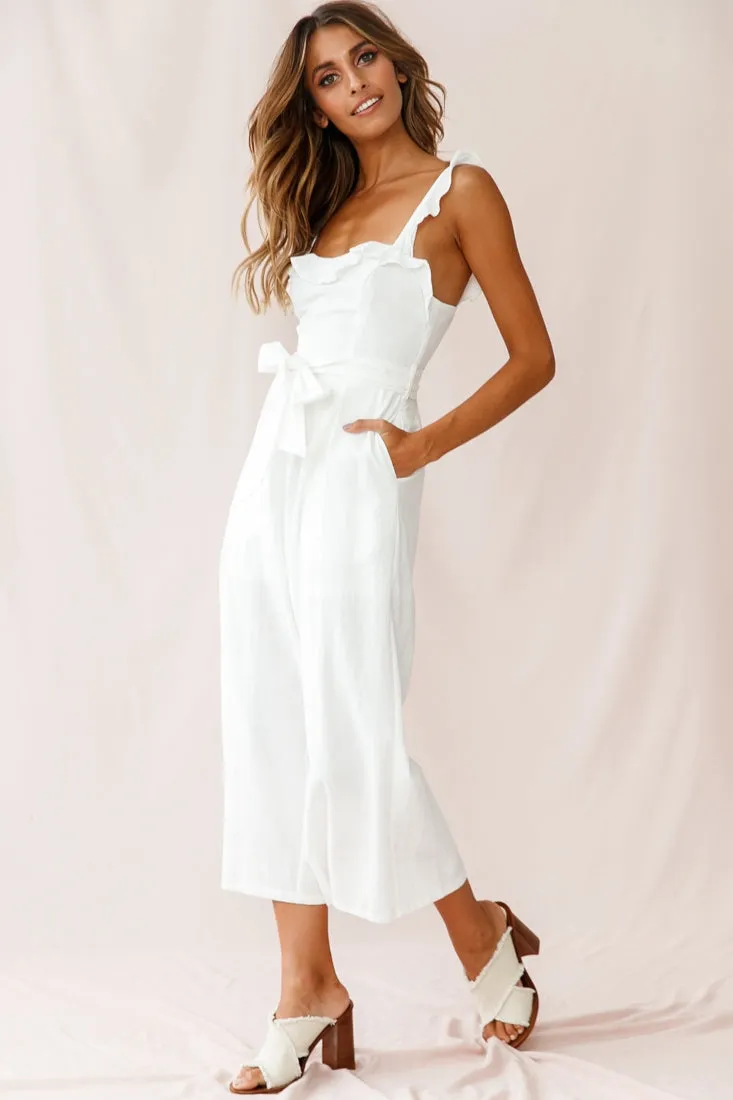 Kaia Ruffle Strap Wide-Leg Capri Jumpsuit White