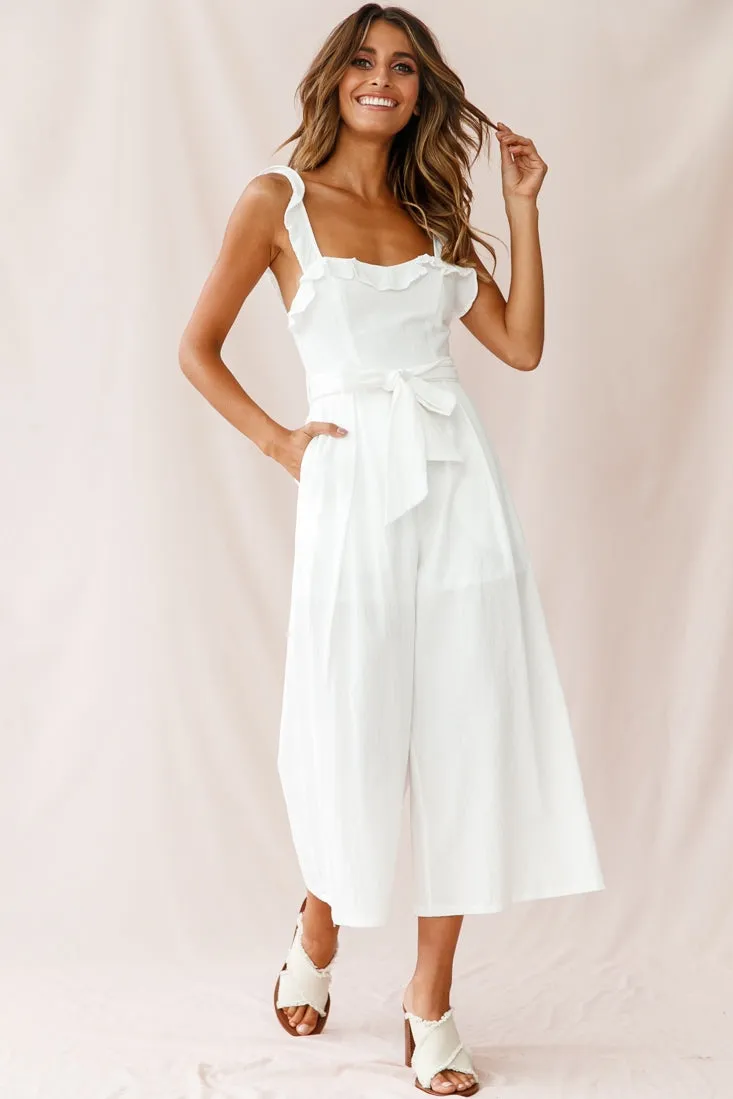 Kaia Ruffle Strap Wide-Leg Capri Jumpsuit White