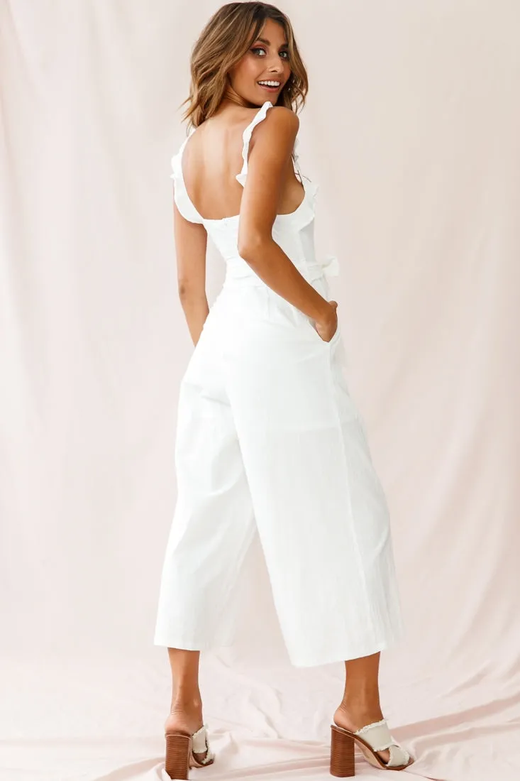 Kaia Ruffle Strap Wide-Leg Capri Jumpsuit White