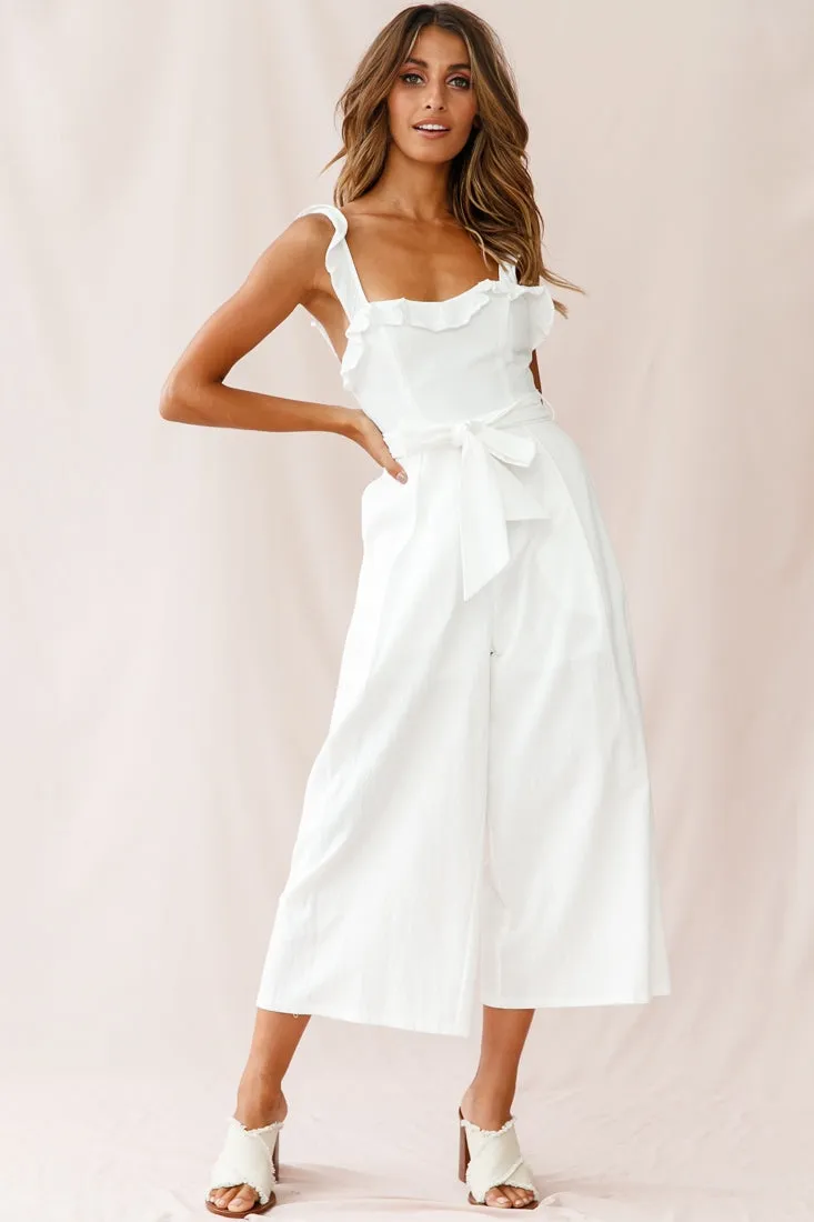 Kaia Ruffle Strap Wide-Leg Capri Jumpsuit White