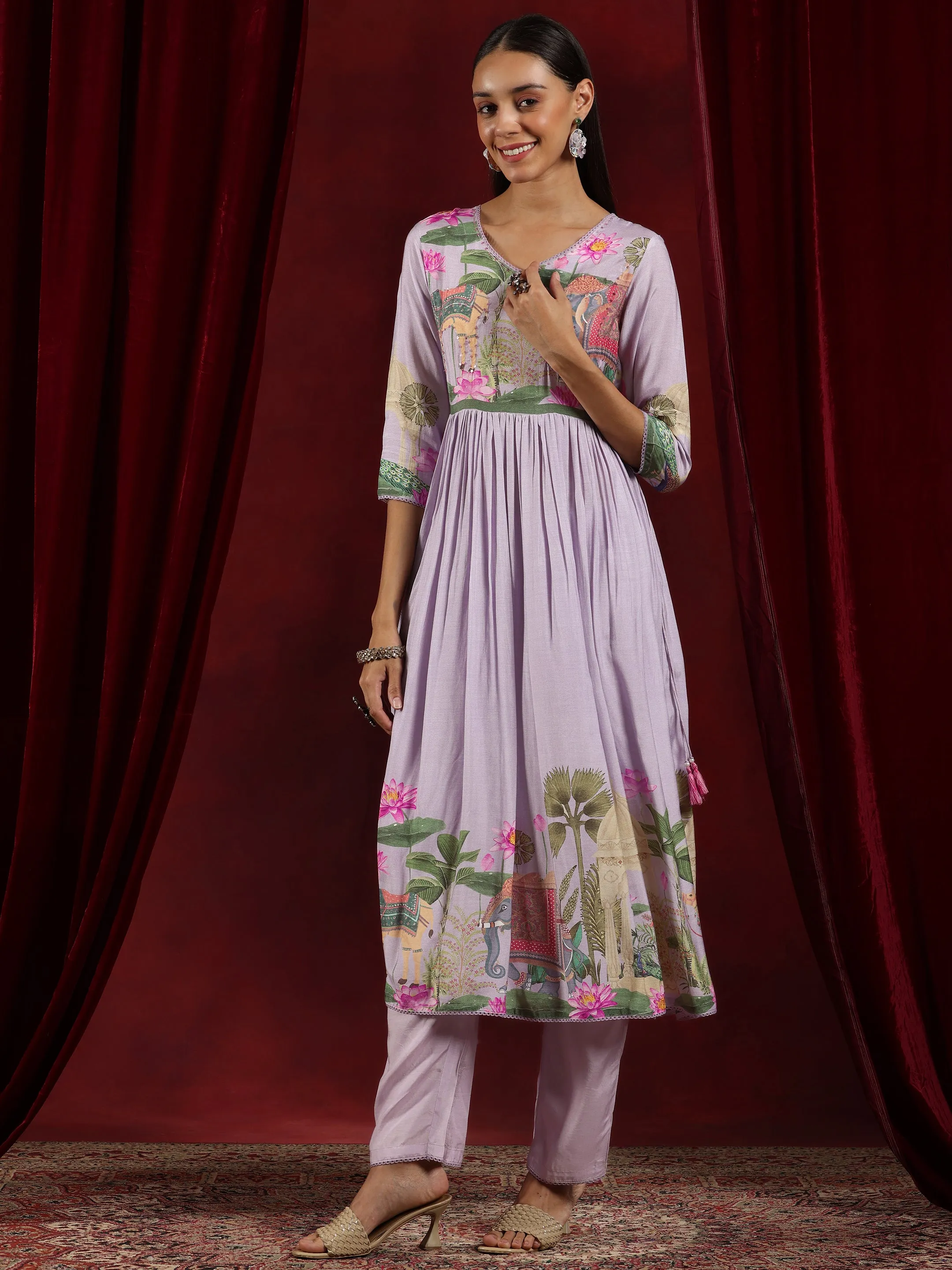 Libas Art Lilac Printed Cotton Blend Anarkali Suit With Dupatta