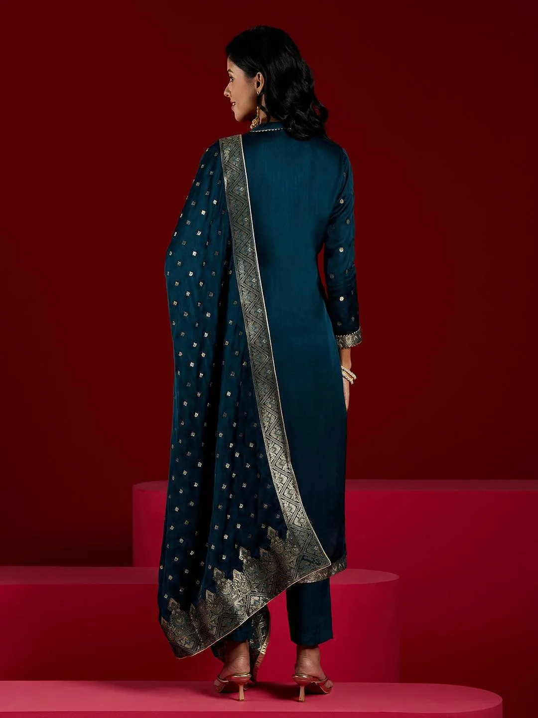 Libas Art Teal Woven Design Silk Straight Suit With Dupatta