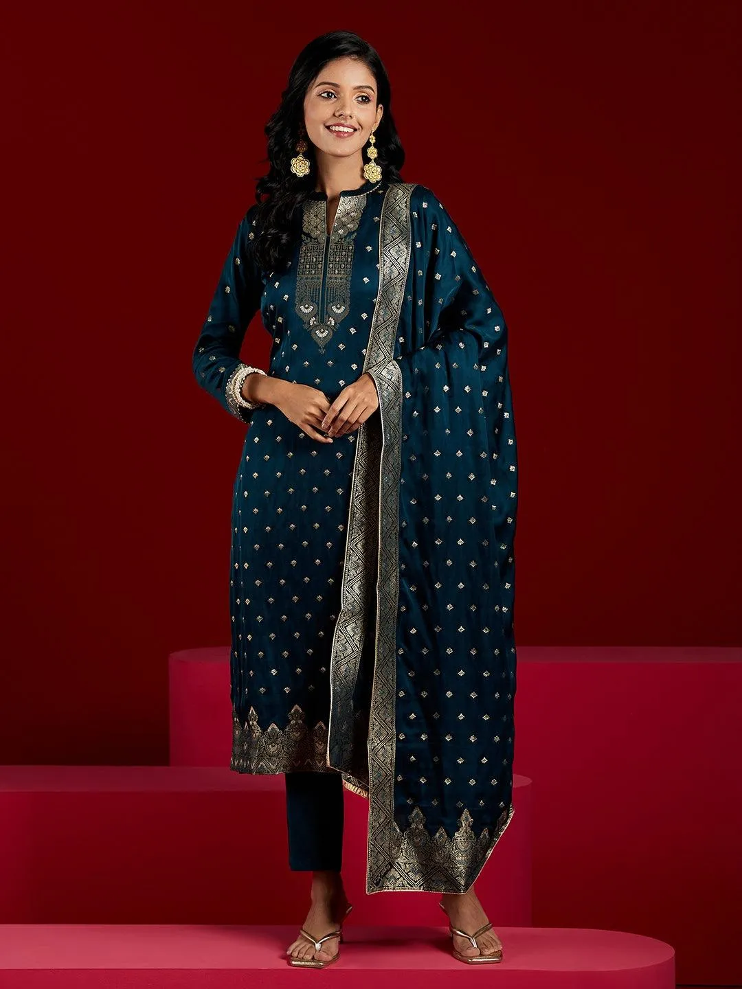 Libas Art Teal Woven Design Silk Straight Suit With Dupatta