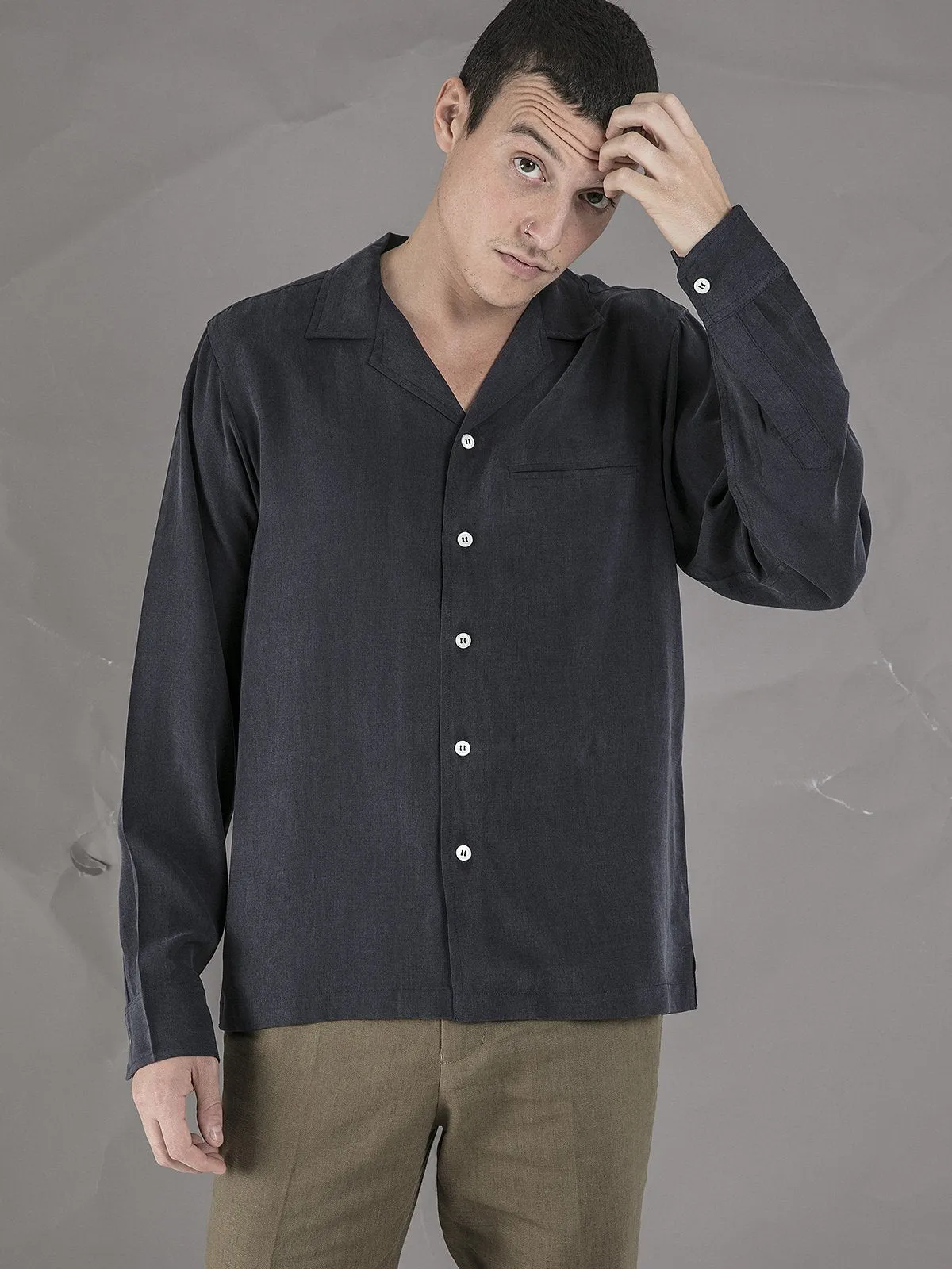 Long Sleeve Camp Collar Shirt - Dark Navy