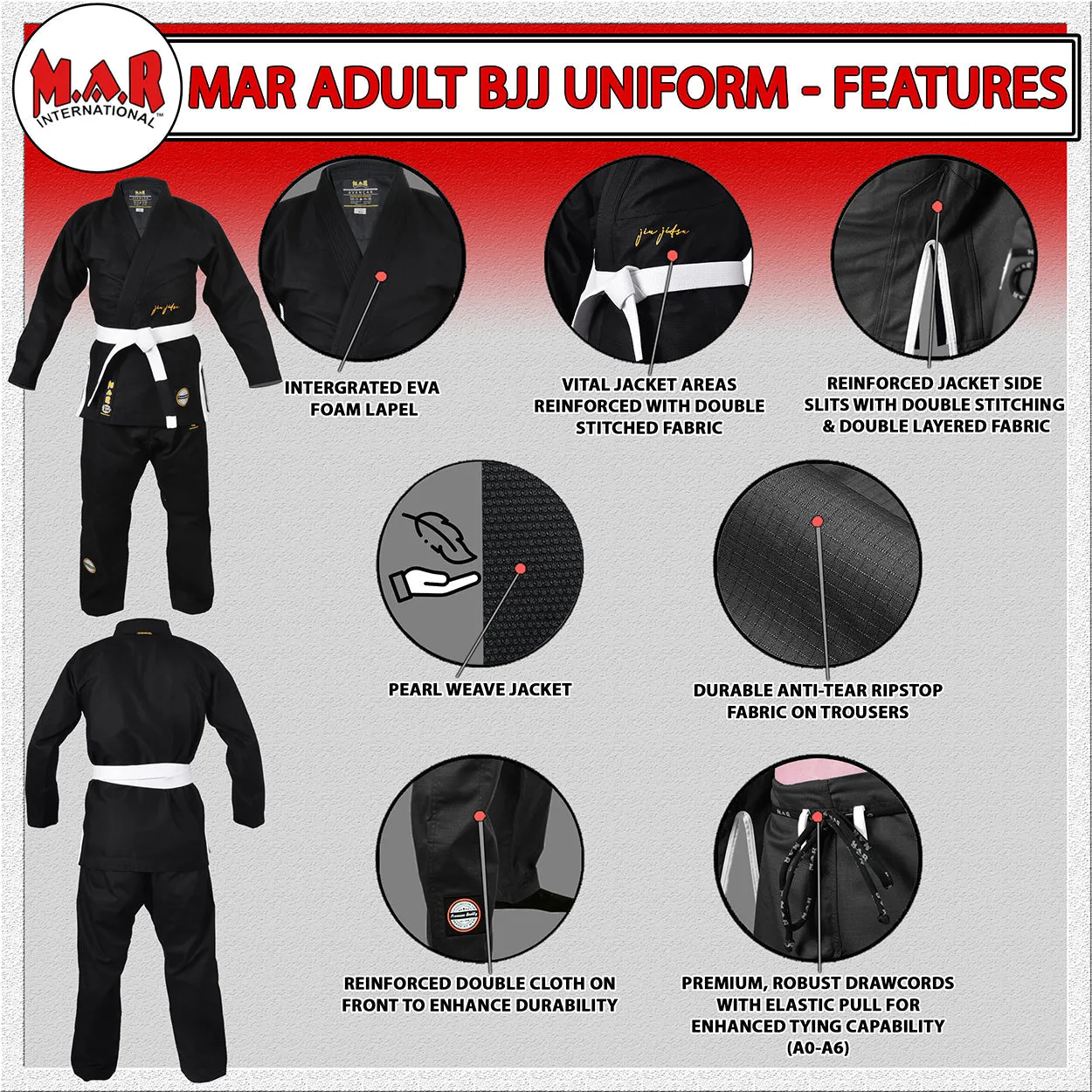 MAR-063B | Black Brazilian Jiu-Jitsu Uniform - 480gsm