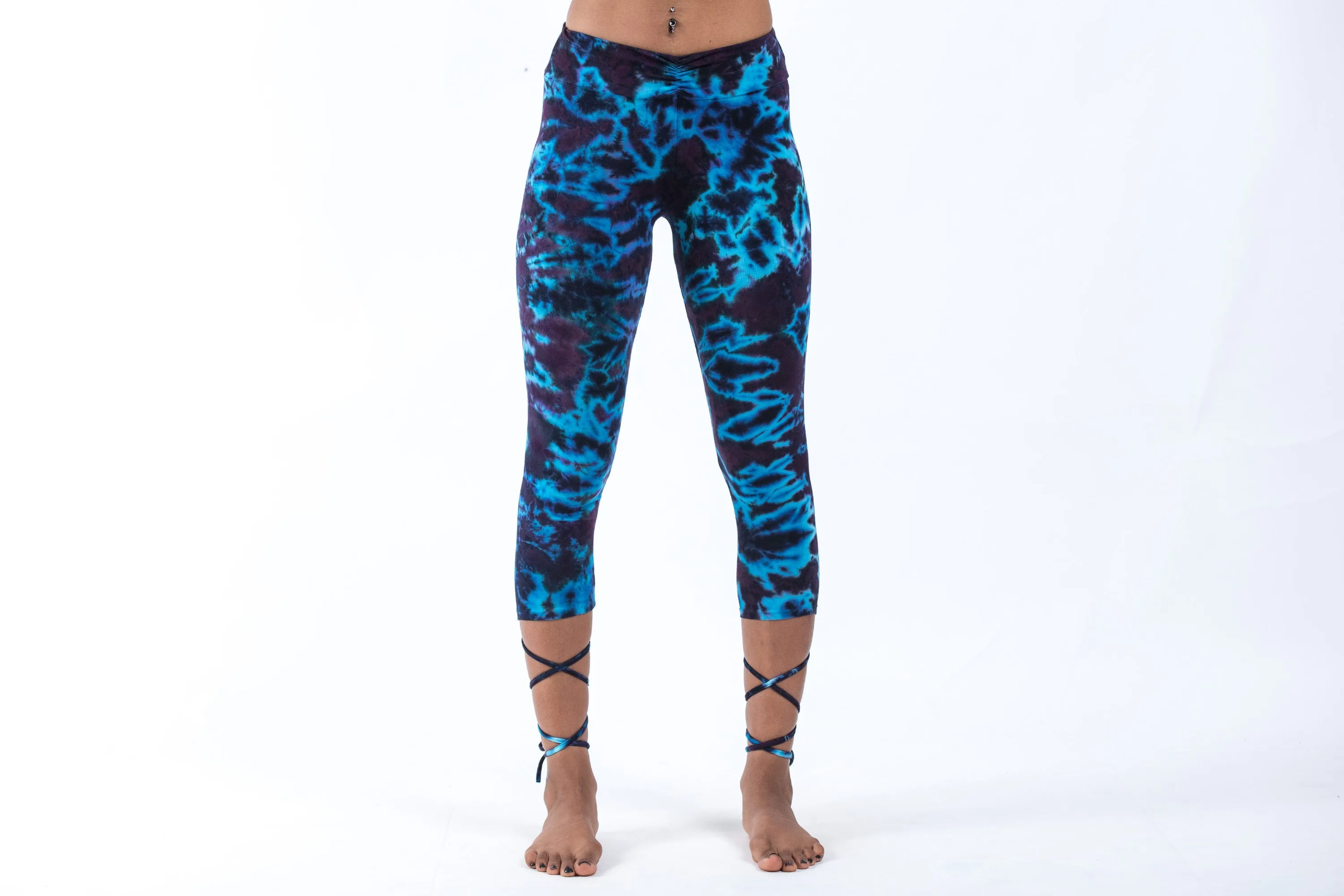 Marble Tie Dye Cotton Capri Leggings in Indigo