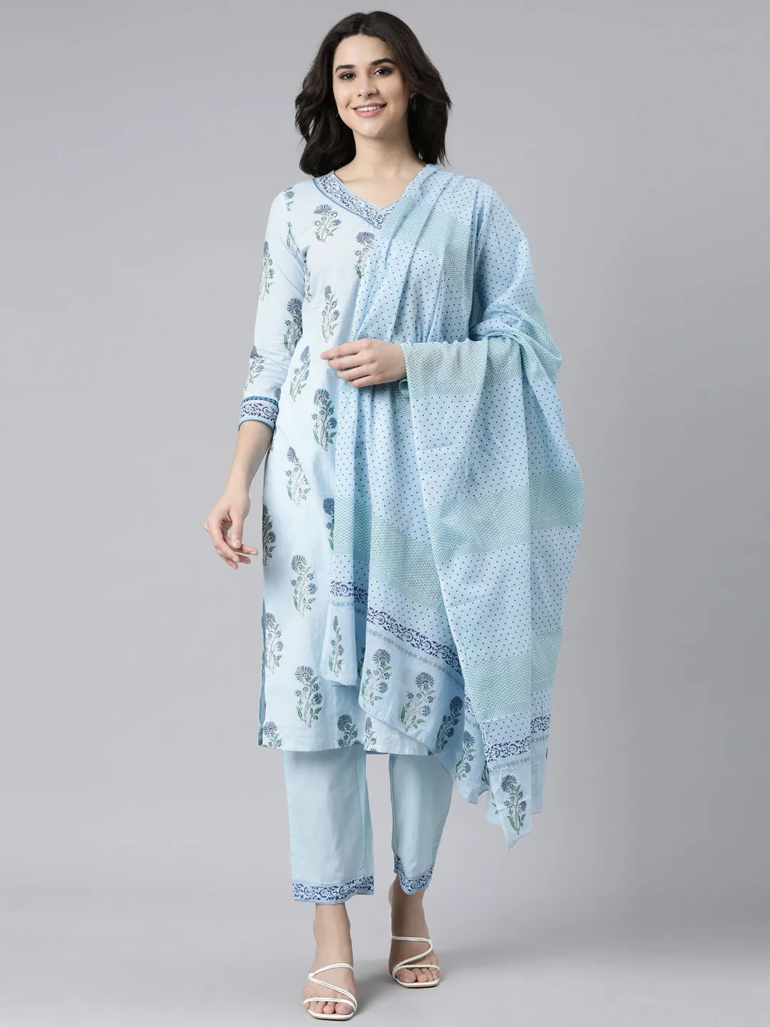 Neerus Blue Panelled Straight Floral Kurta And  Trousers With Dupatta