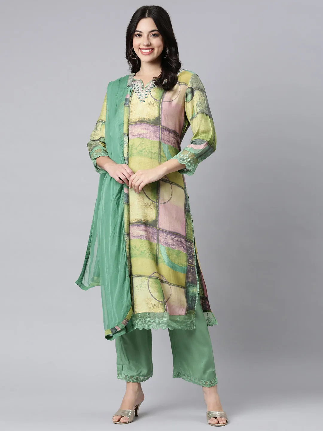 Neerus Green Regular Straight Geometric Kurta And Trousers With Dupatta