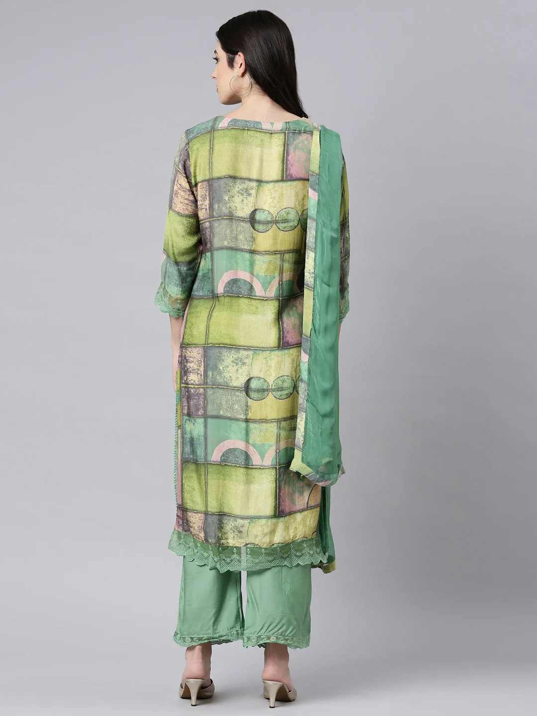 Neerus Green Regular Straight Geometric Kurta And Trousers With Dupatta