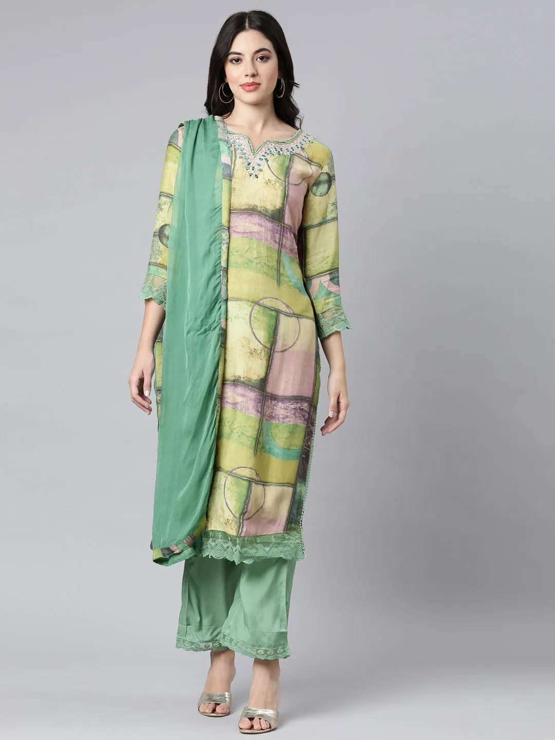 Neerus Green Regular Straight Geometric Kurta And Trousers With Dupatta