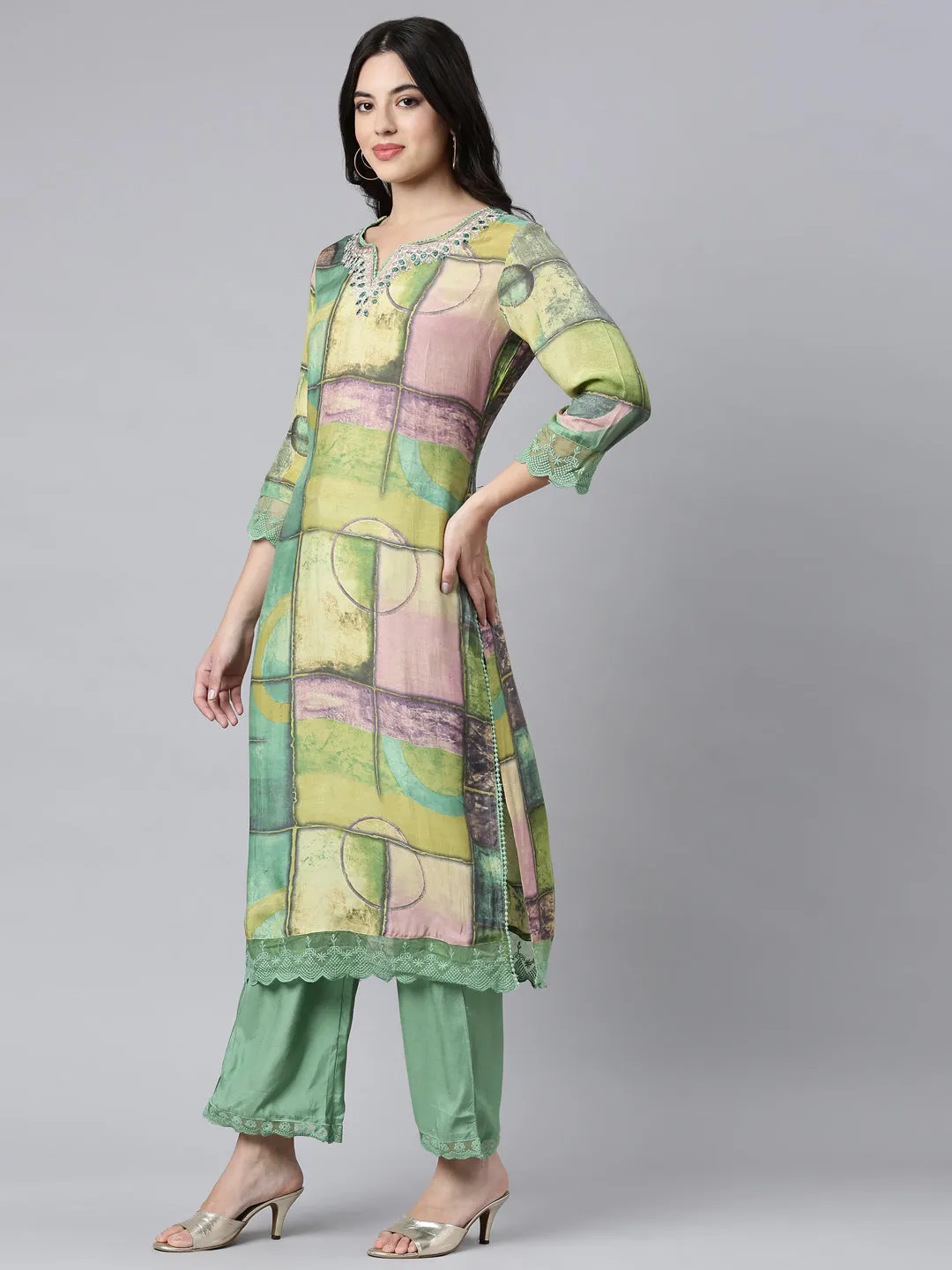 Neerus Green Regular Straight Geometric Kurta And Trousers With Dupatta