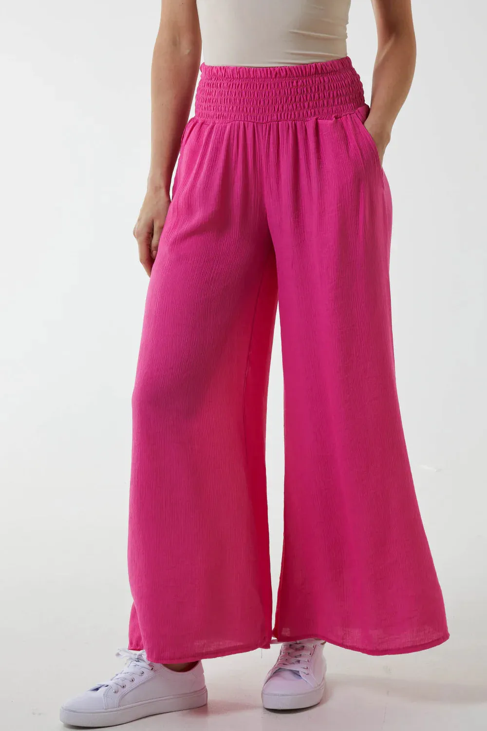 Plain Crinkle Effect Shirred Waist Wide Leg Trousers (2 Colours)