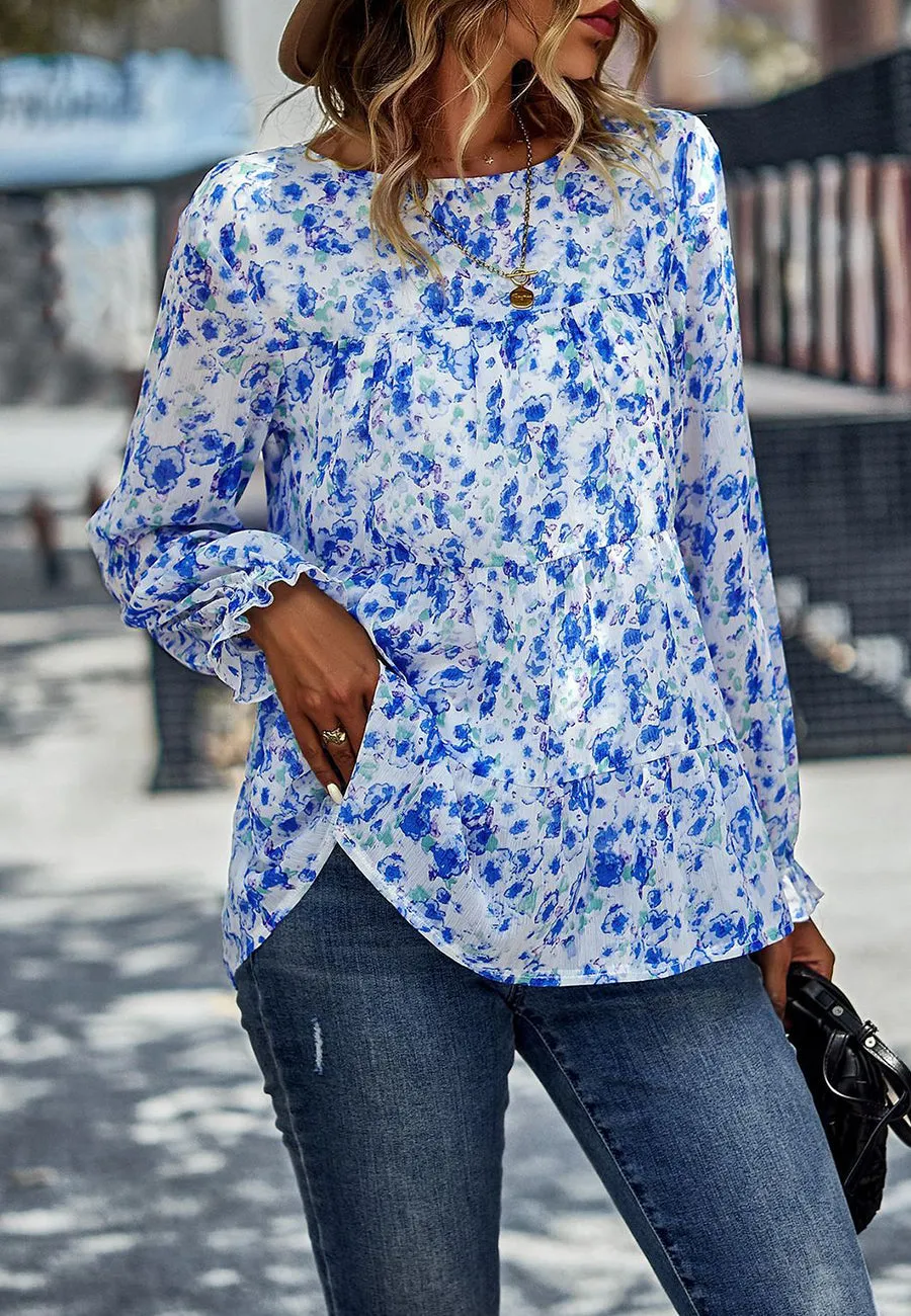 Printed Ruffle Hem Flowy Blouse