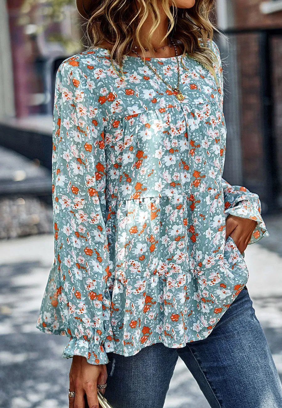 Printed Ruffle Hem Flowy Blouse