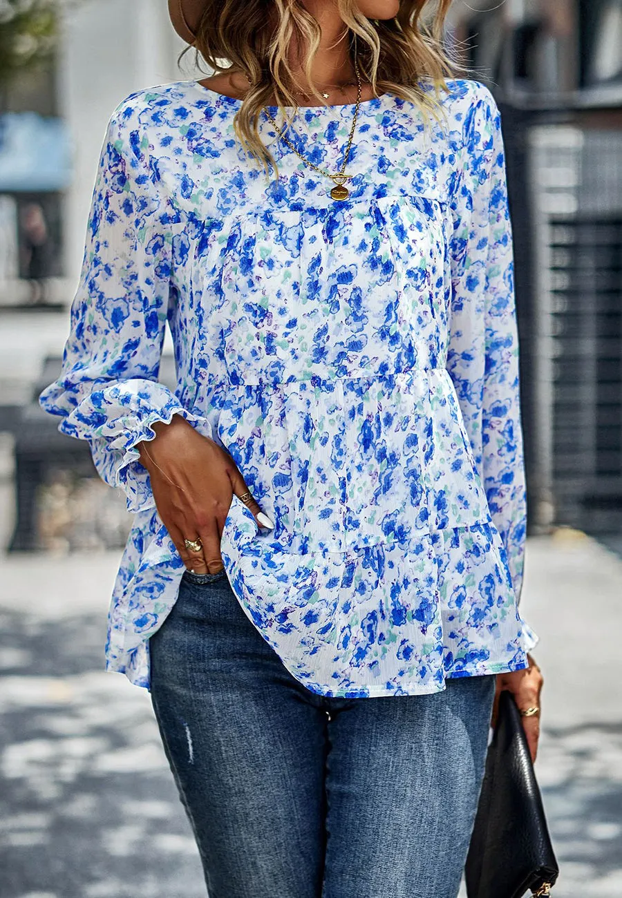 Printed Ruffle Hem Flowy Blouse