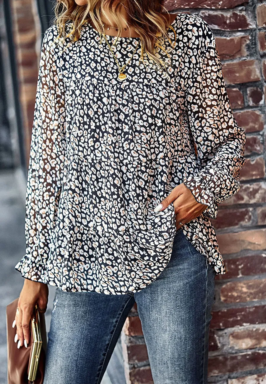 Printed Ruffle Hem Flowy Blouse