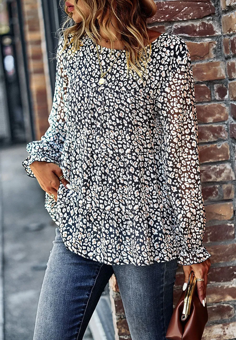 Printed Ruffle Hem Flowy Blouse