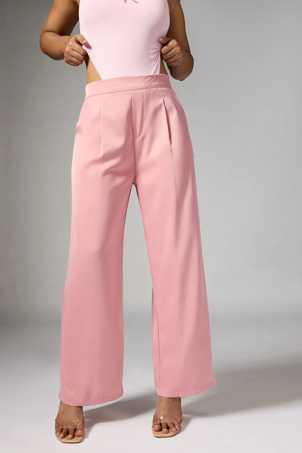 Quartz Pink Satin Straight Korean Pants