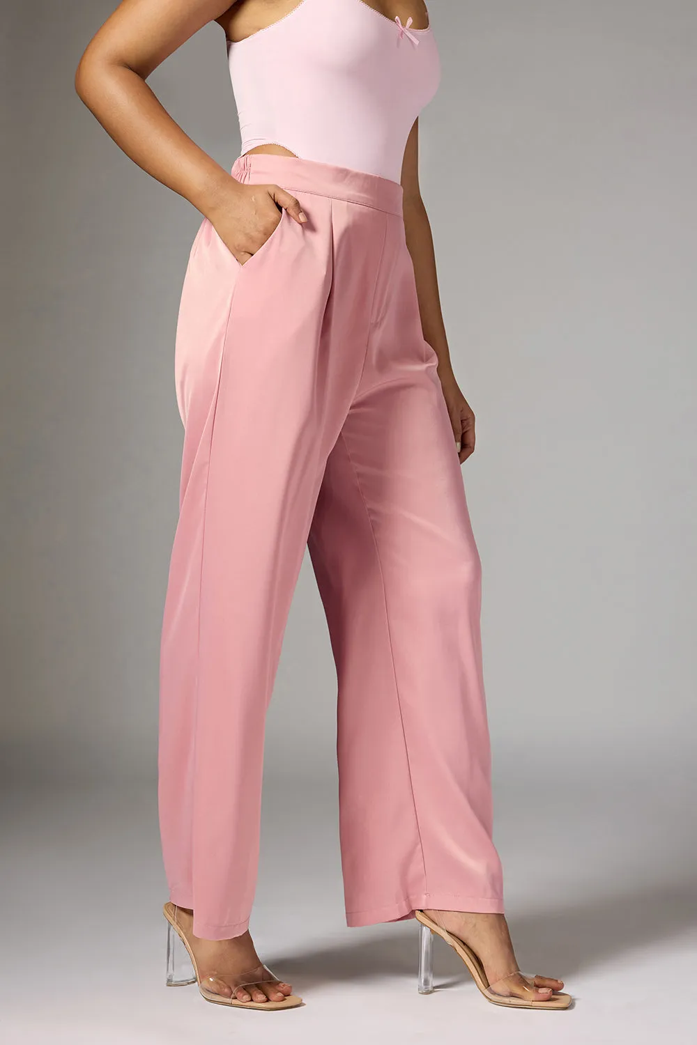 Quartz Pink Satin Straight Korean Pants