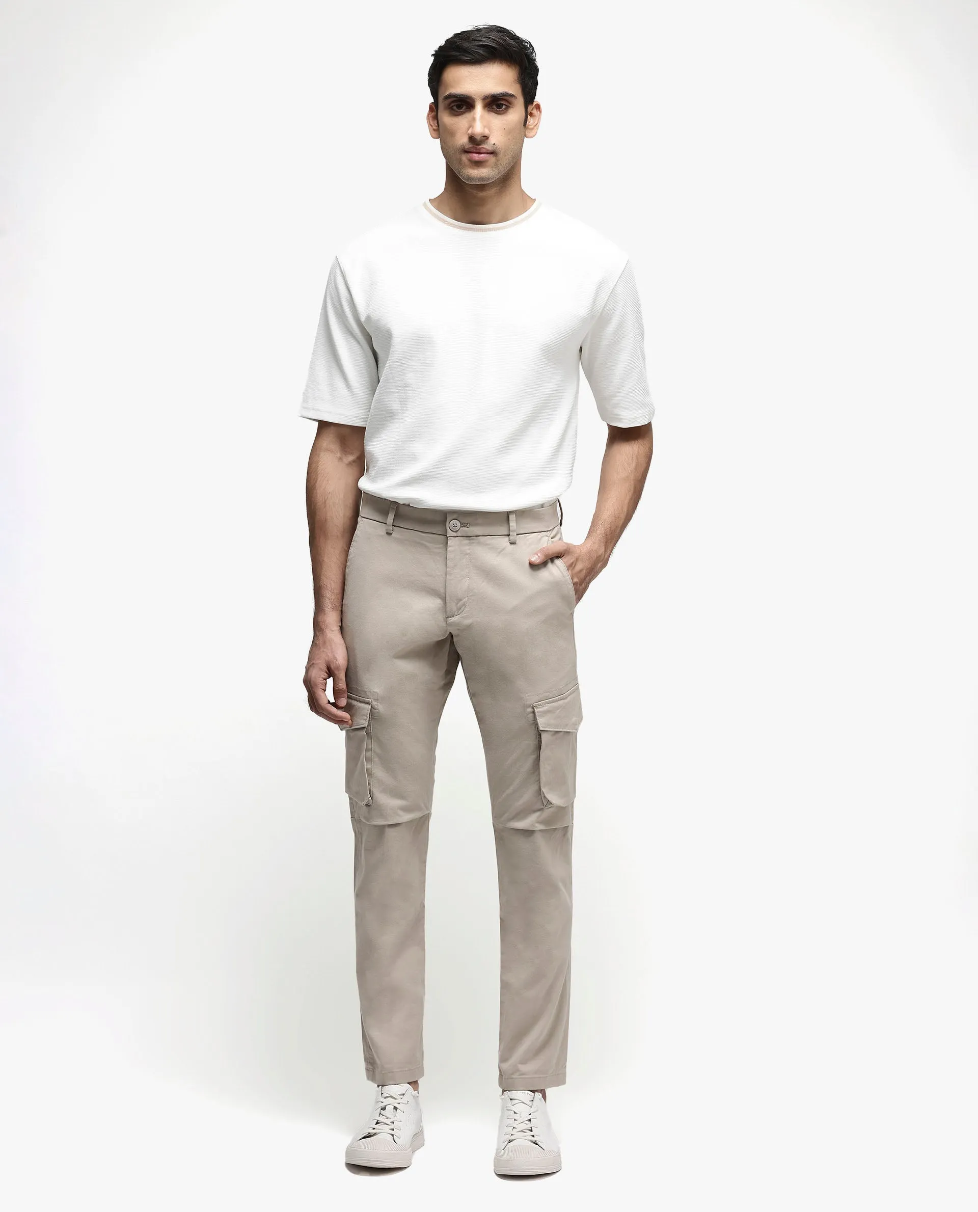 Rare Rabbit Men's Celu Beige Solid Mid-Rise Cargo Style Slim-Fit Trouser