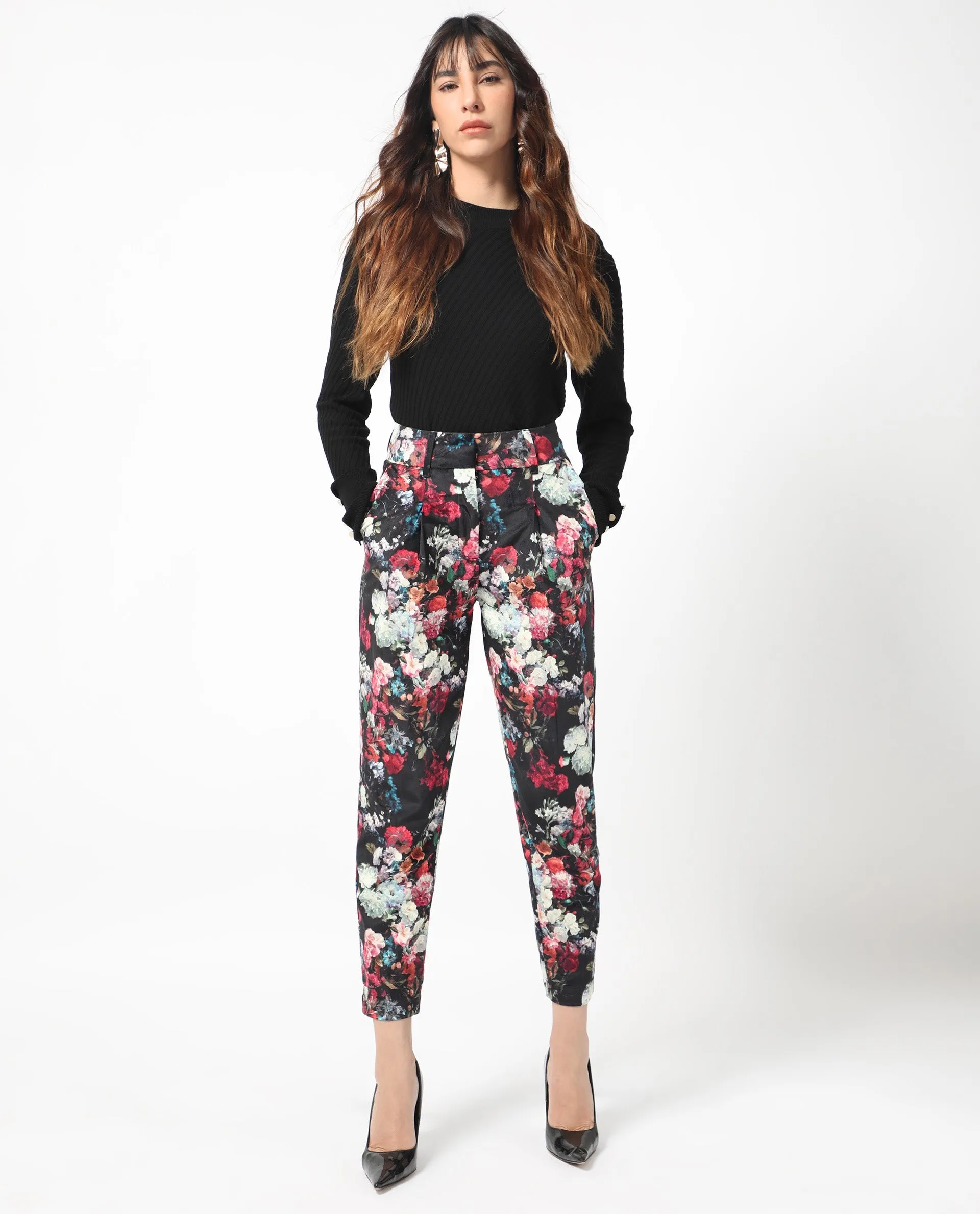 Rareism Women Bellot Black Velvet Fabric Hook And Eye Slim Fit Floral Print Ankle Length Trousers