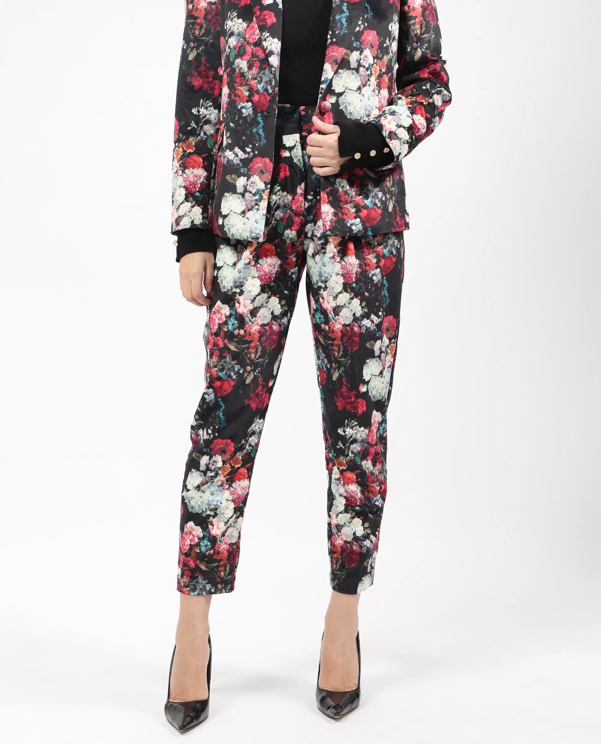 Rareism Women Bellot Black Velvet Fabric Hook And Eye Slim Fit Floral Print Ankle Length Trousers