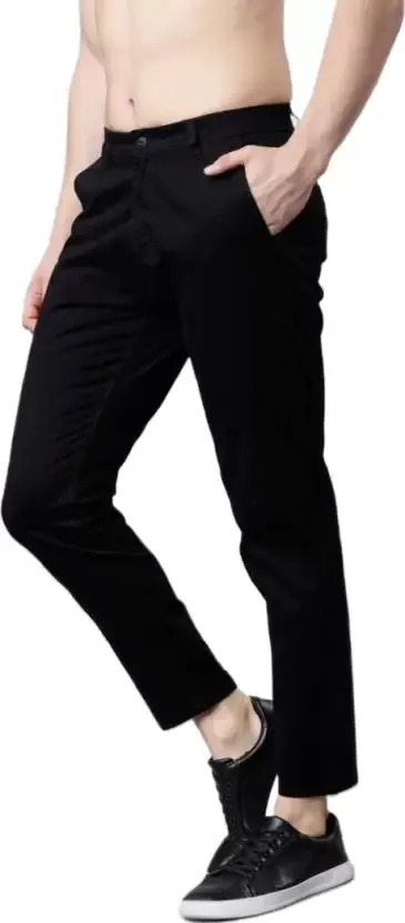 Regular Fit Men Black Lycra Blend Trousers