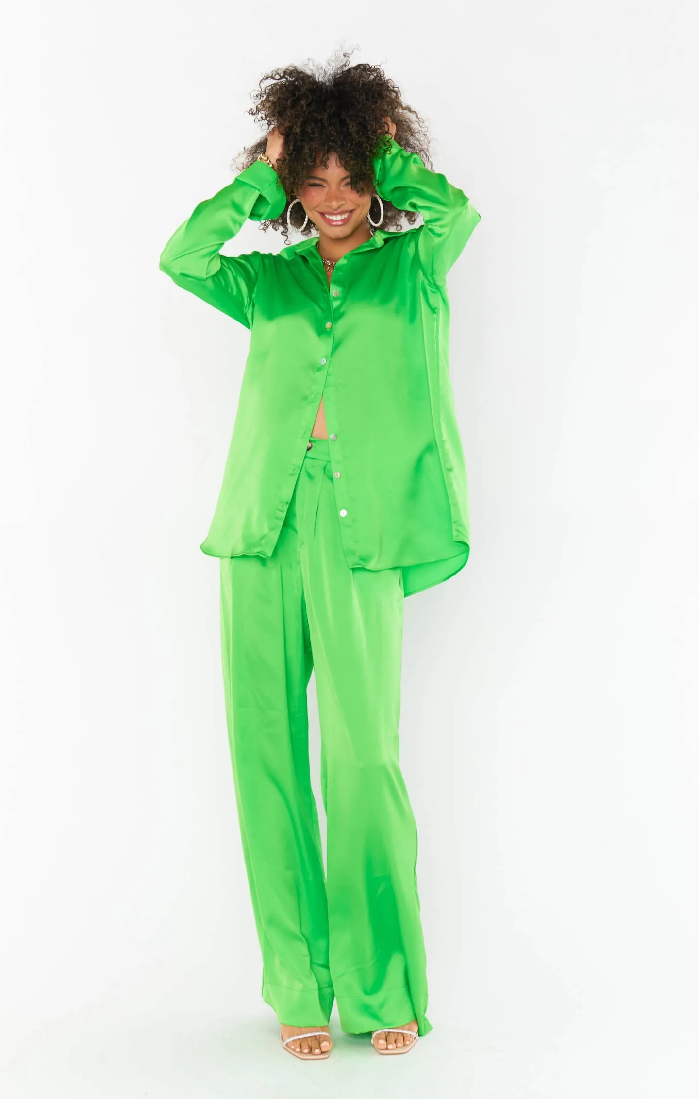 Show Me Your Mumu Hayes Trousers in Bright Green Luxe Satin