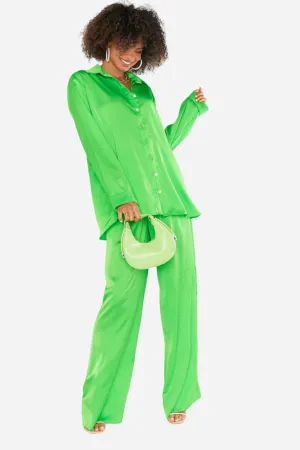 Show Me Your Mumu Hayes Trousers in Bright Green Luxe Satin