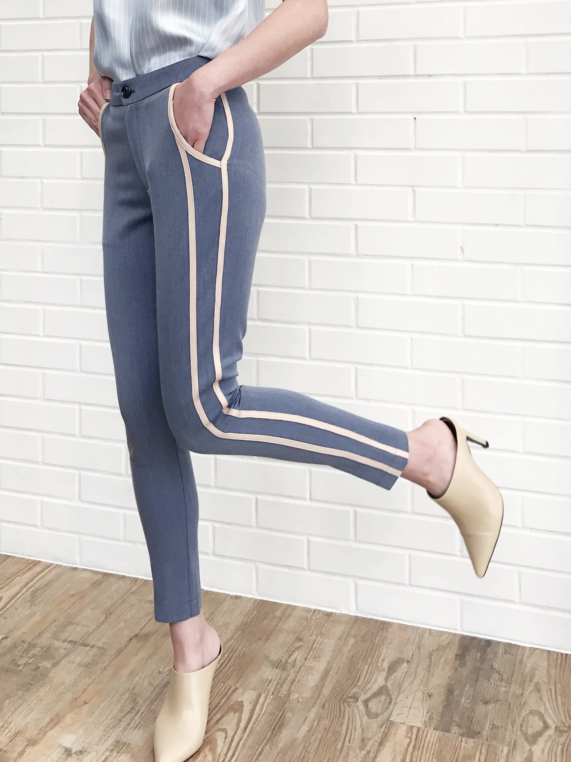 SPECIAL! Grey Side Ribbed Trims Skinny Trousers