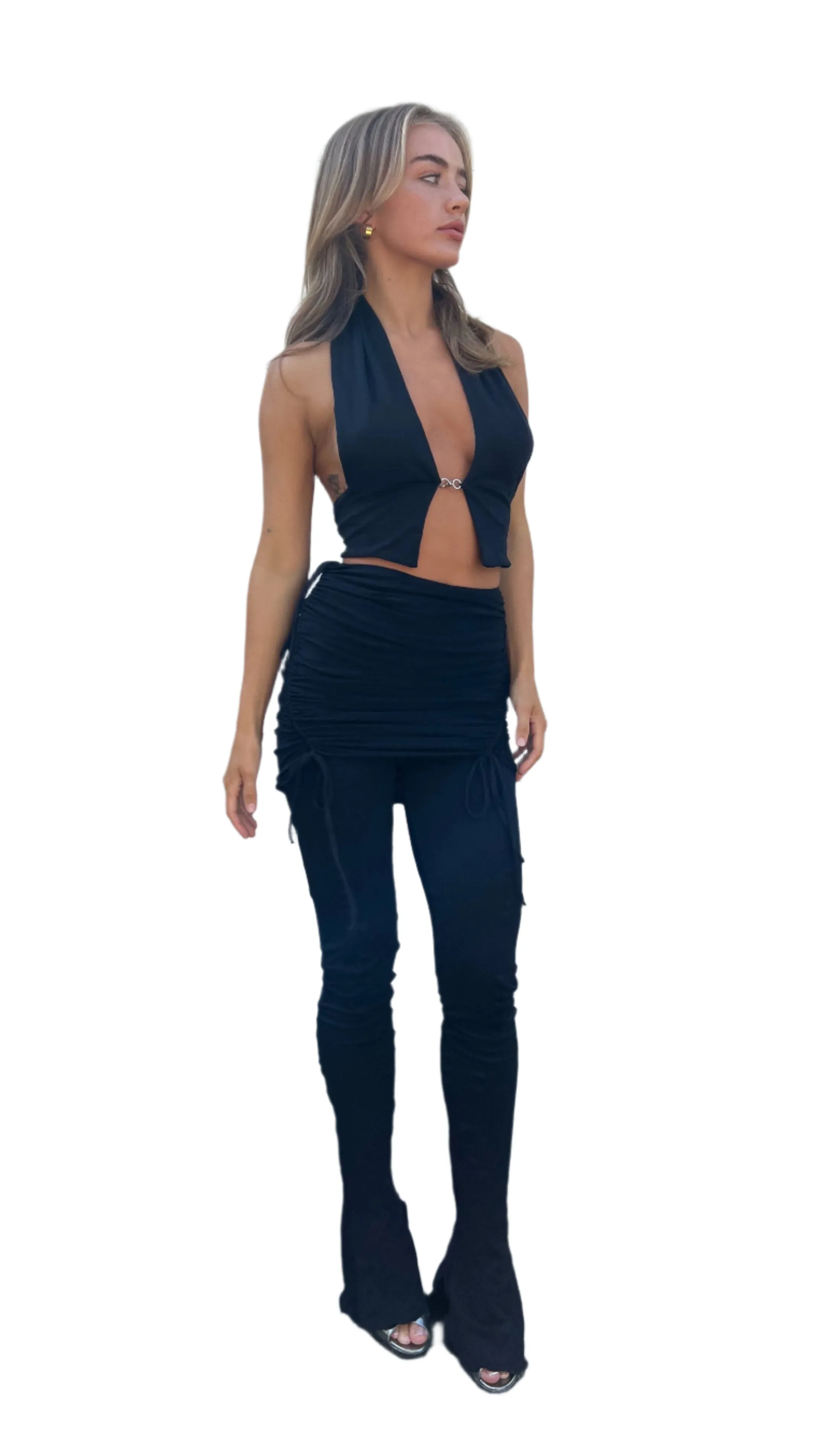 T Bar Halter Top, Pants, and skirt. 3 piece SET. Black