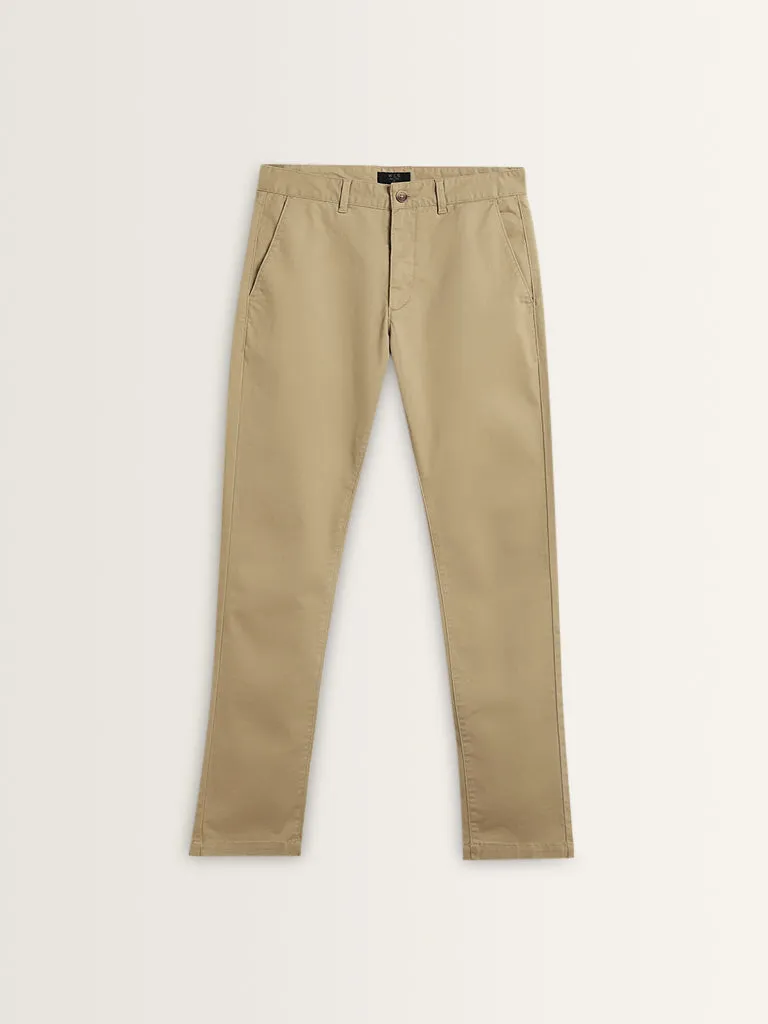 WES Casuals Dark Beige Cotton Blend Slim Fit Mid Rise Trousers