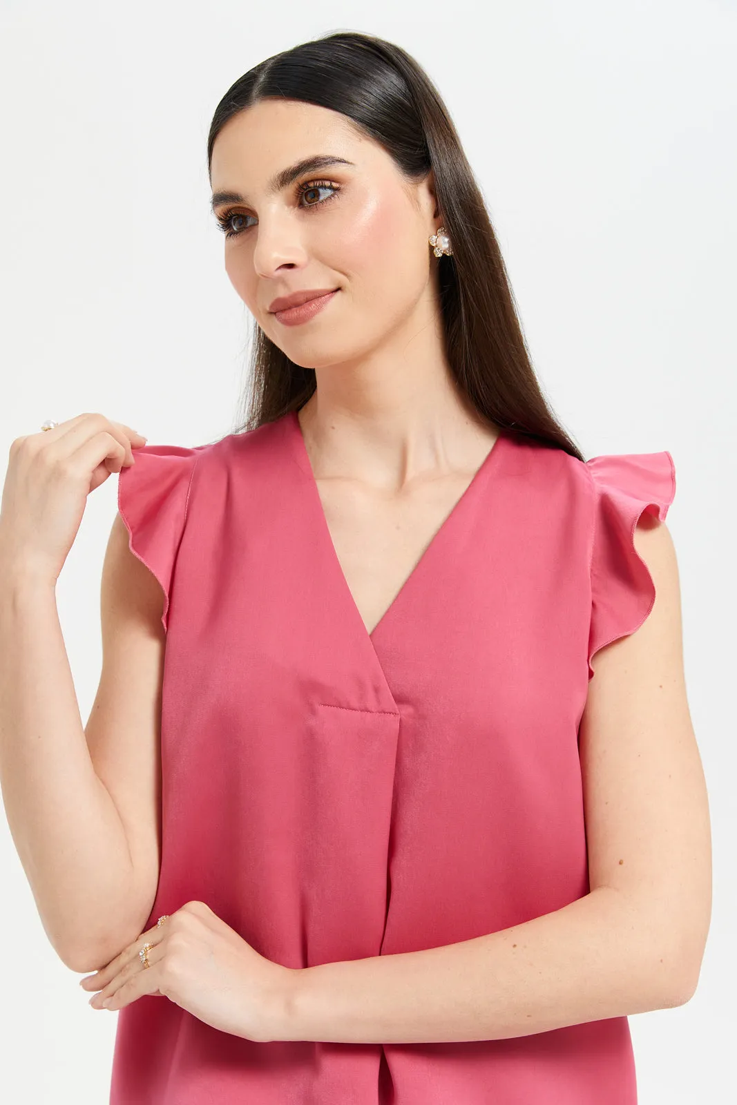 Women Fuchsia Pleat Detail Flowy Top With Flounce Sleeve